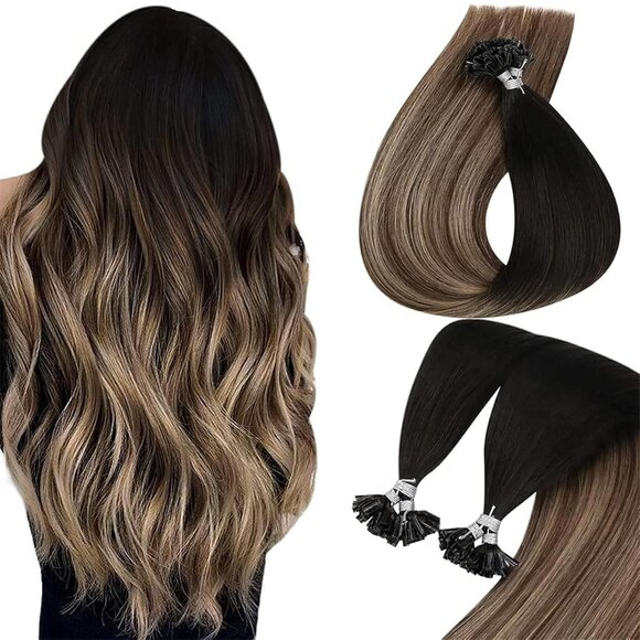 Human Hair Extensions 18in Straight Black to Blonde Ombre Light Weight - Picture 1 of 9